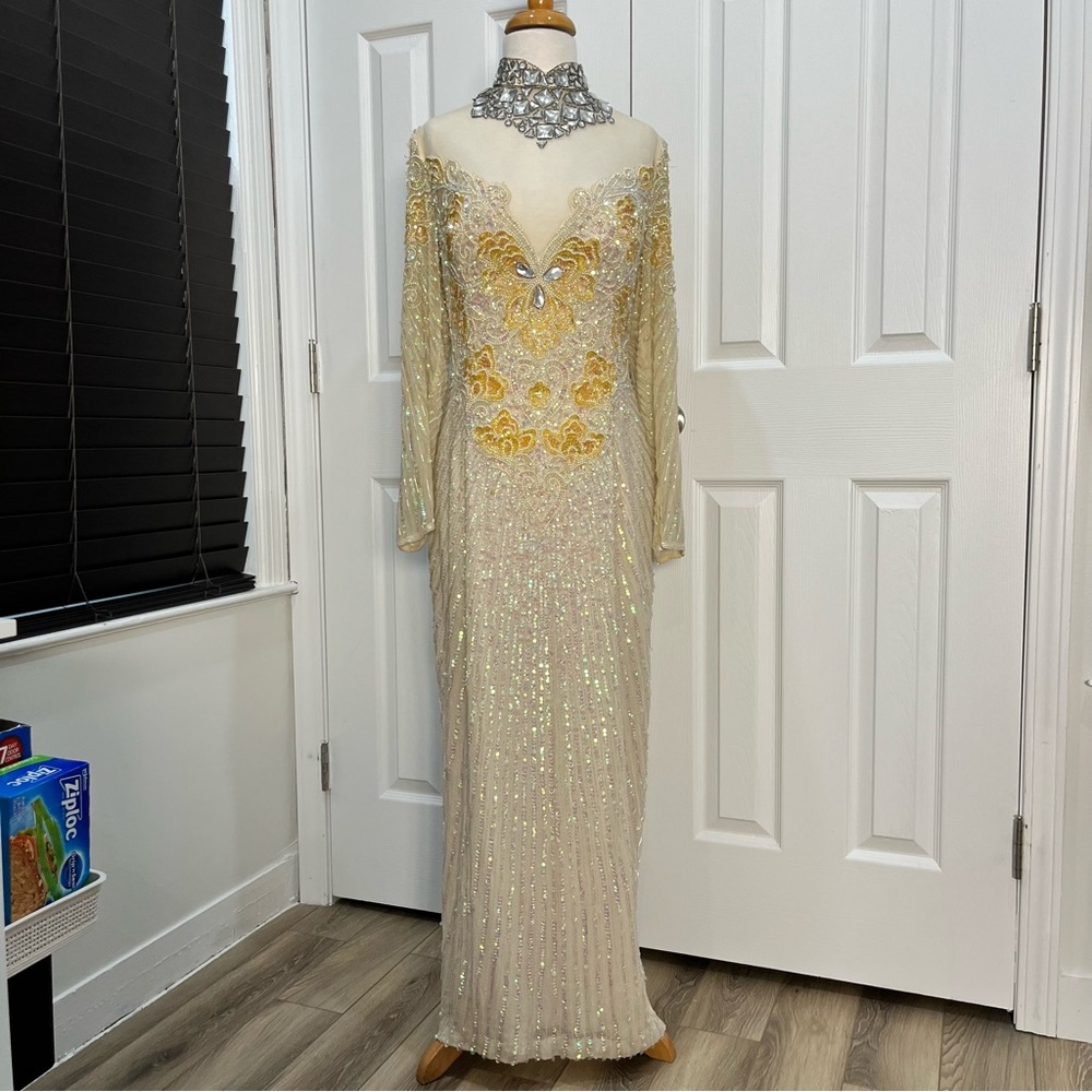 Elegant Sequin Gown with Gold Accents